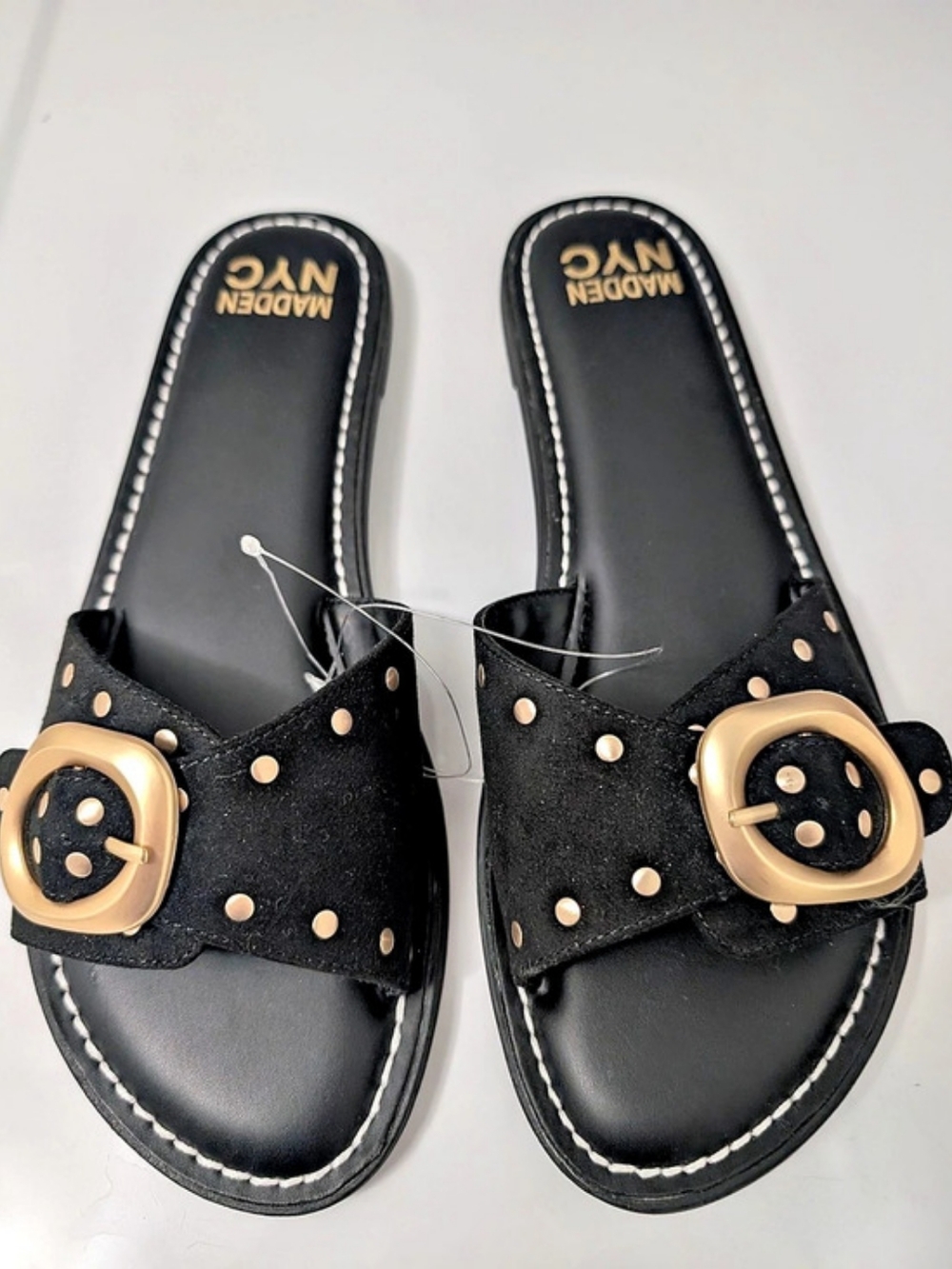 Madden NYC Black Studded Buckle Slide Sandals Like New